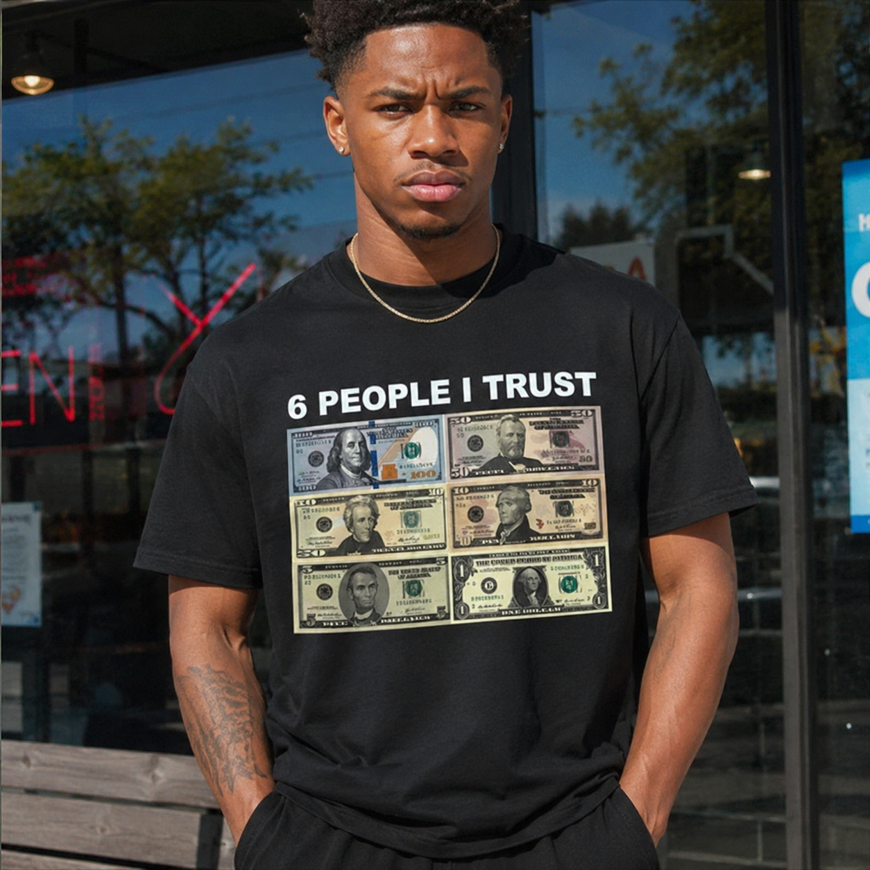 6 People I Trust Funny Money Graphic T-Shirt Dollar Bill Humor Meme Tee