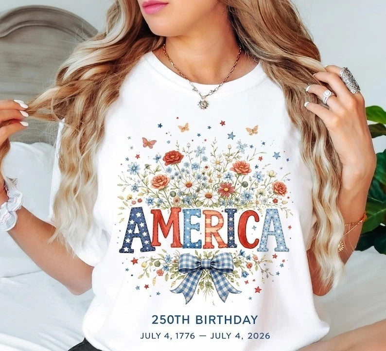 Women's USA 250th Birthday 1776–2026 Floral Butterfly Patriotic T-Shirt