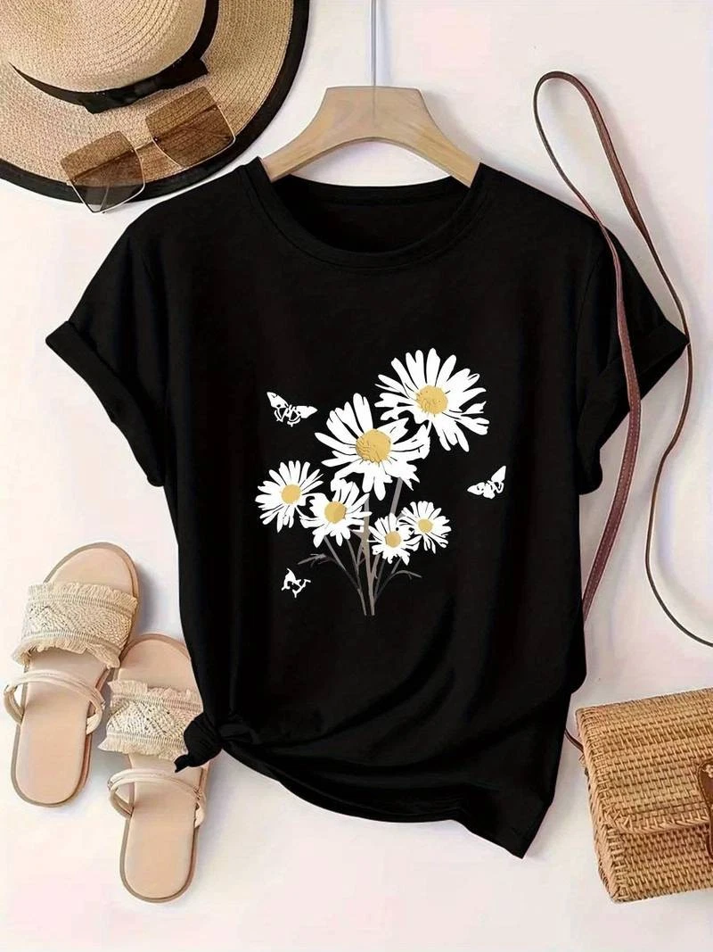 Women Daisy Floral Graphic T-Shirt Summer Flower Casual Crew Neck Tee Top