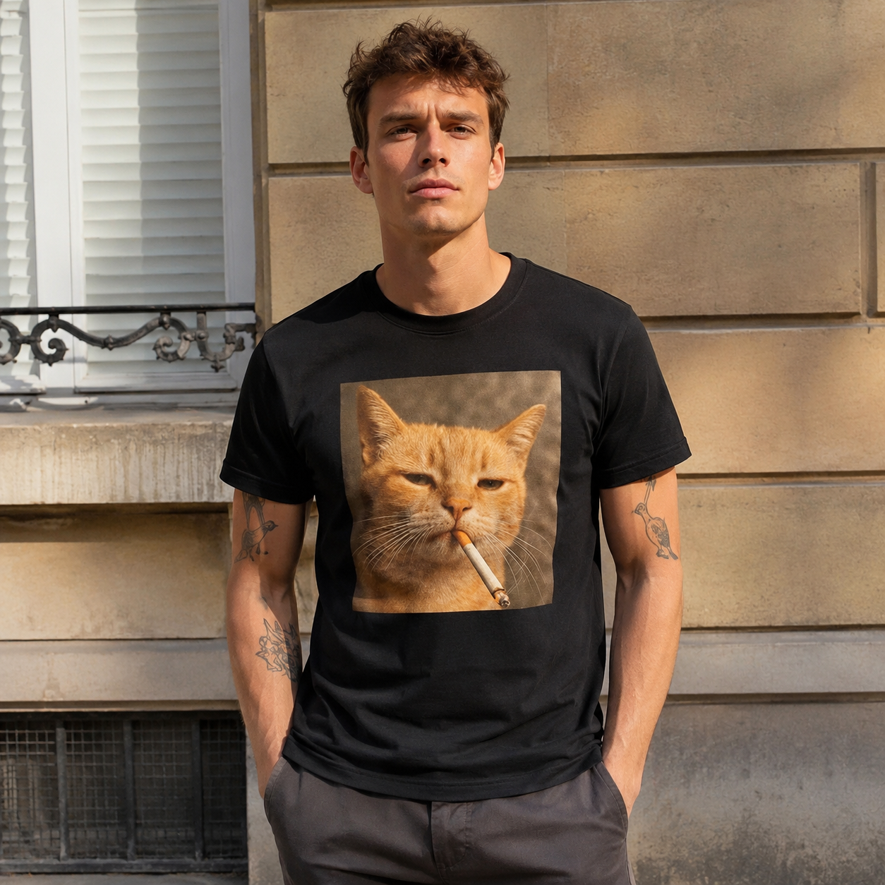 Funny Smoking Cat Meme T-Shirt - Featuring a Smoking Tabby Cat Design
