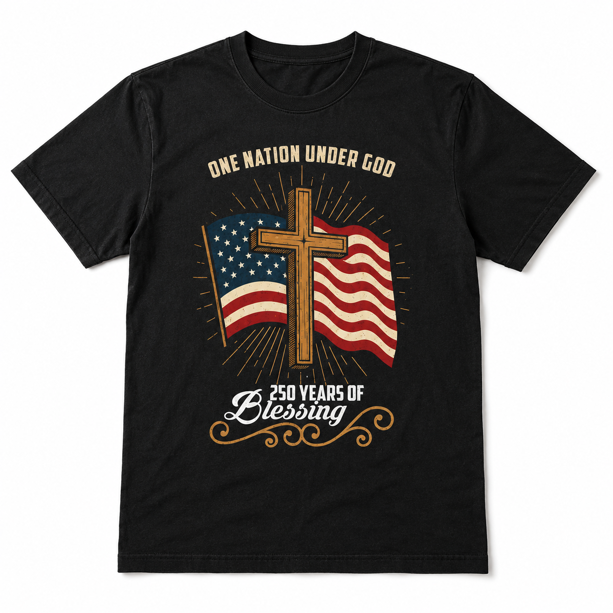 USA 250 Years T Shirt Flag Cross Patriotic Faith Freedom Graphic Casual Tee