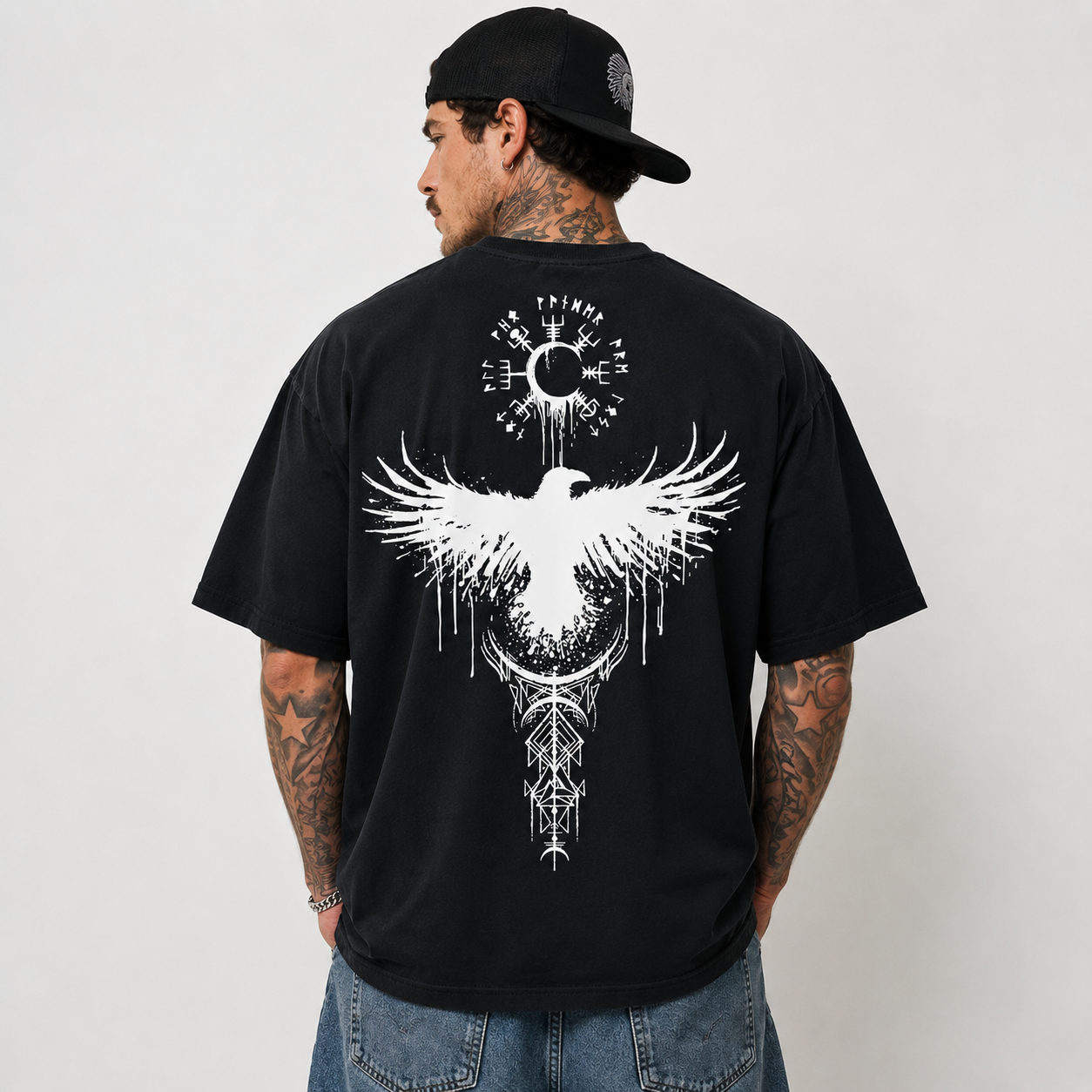 Viking Raven T-Shirt Norse Mythology Odin Symbol Graphic Mens Black Tee