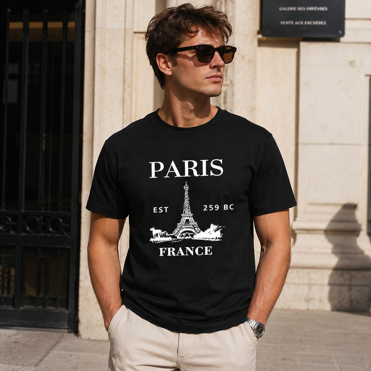 Paris Stripe Graphic T-Shirt Men's Crew Neck Casual Streetwear Tee Top