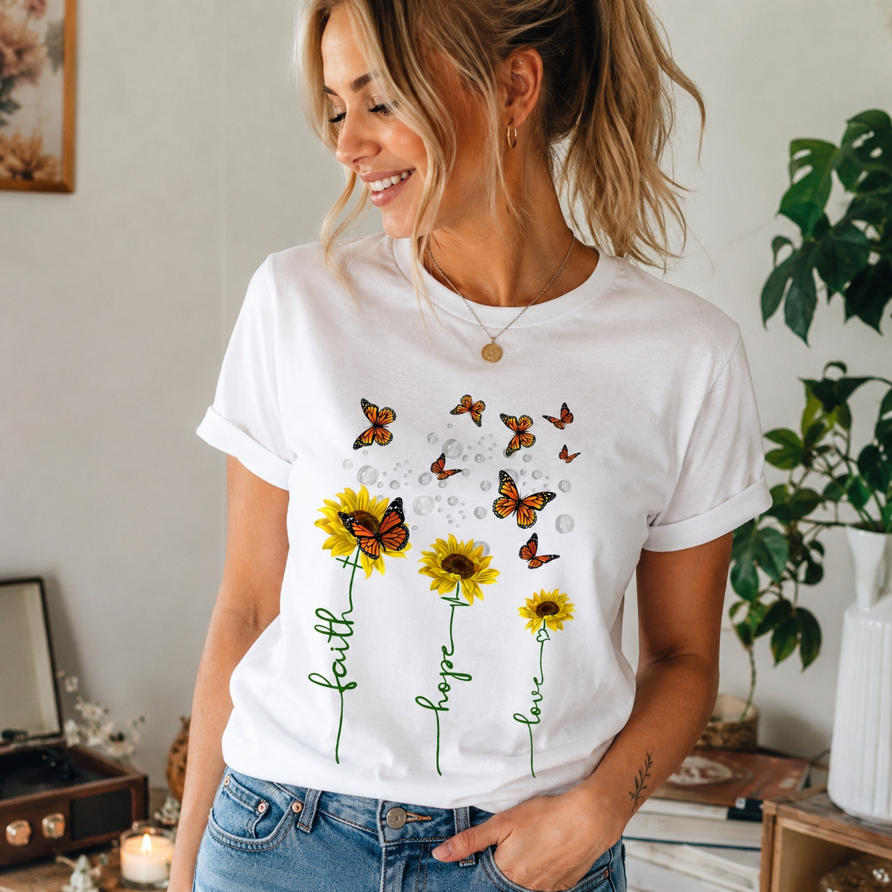 Women's Faith Hope Love Sunflower Heart Graphic T-Shirt Christian Casual Tee