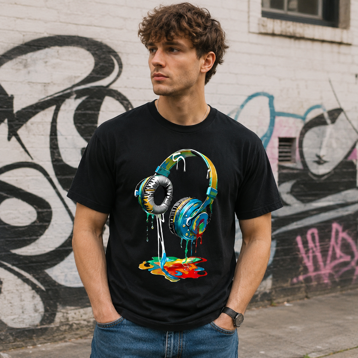 Colorful Dripping Headphones DJ Music Lover Graphic T-Shirt Streetwear Tee