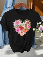 Women Vintage Floral Heart Graphic T-Shirt Rose Flower Casual Crew Neck Tee Top