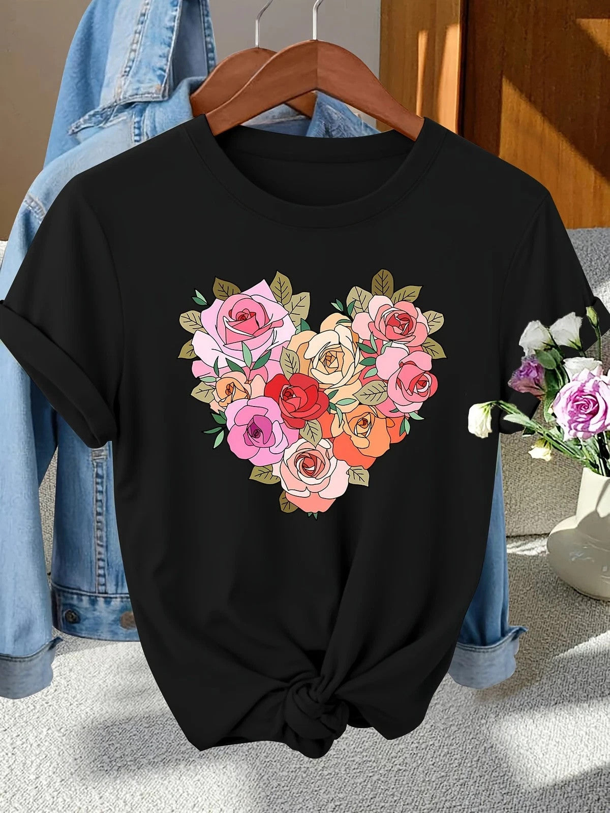 Women Vintage Floral Heart Graphic T-Shirt Rose Flower Casual Crew Neck Tee Top