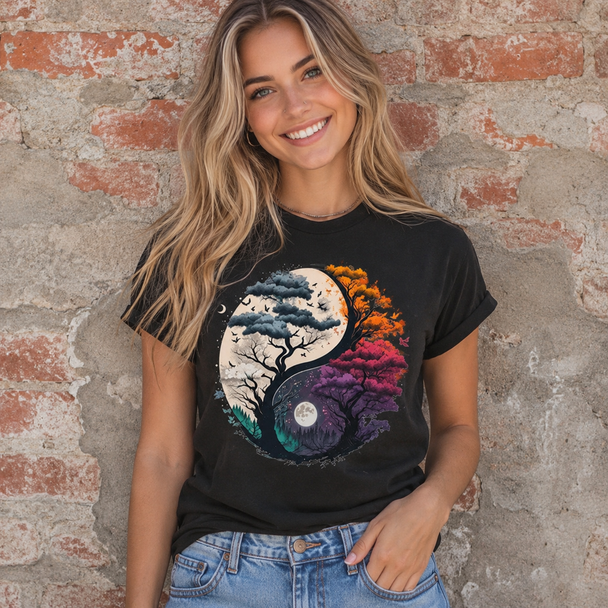 Women Yin Yang Tree Of Life Graphic T-Shirt Spiritual Casual Crew Neck Tee Top