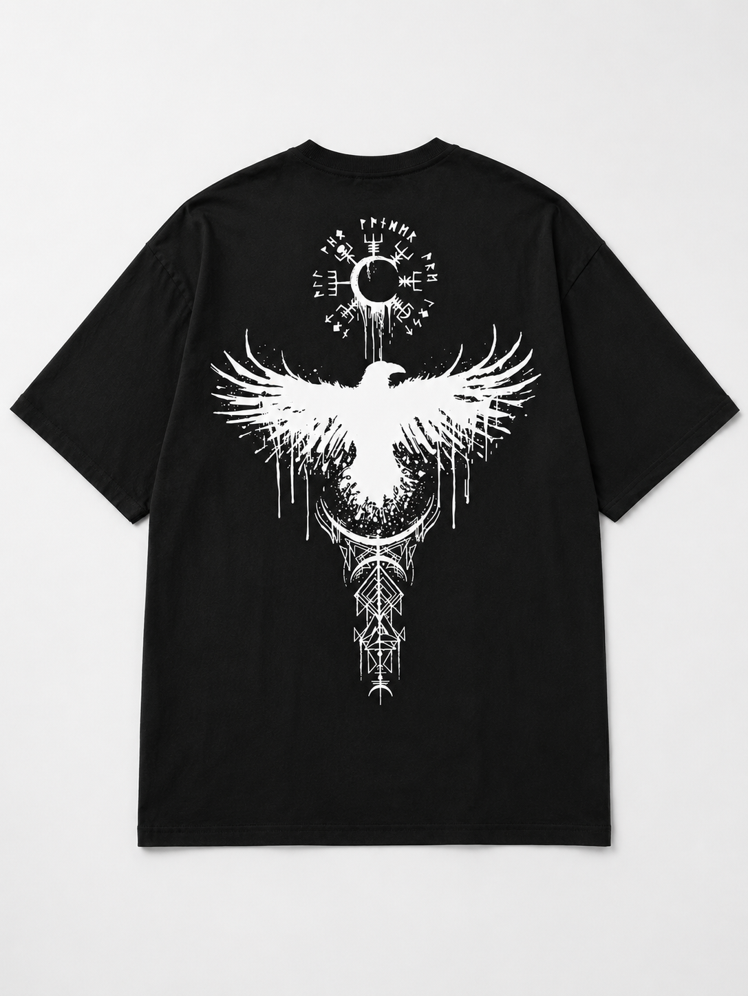 Viking Raven T-Shirt Norse Mythology Odin Symbol Graphic Mens Black Tee