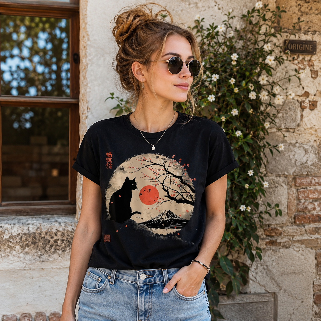Women's Japanese Cat Mount Fuji Graphic T-Shirt Cute Casual Summer Tee Top