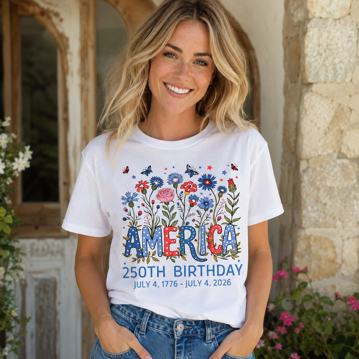 Women's USA 250th Birthday 1776–2026 Floral Butterfly Patriotic T-Shirt