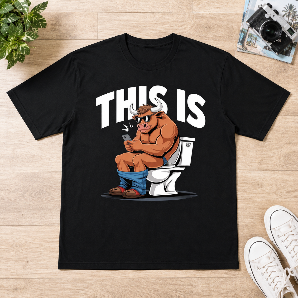 Funny "This Is Bull" T-Shirt | Muscular Bull on Toilet Graphic Humor Tee