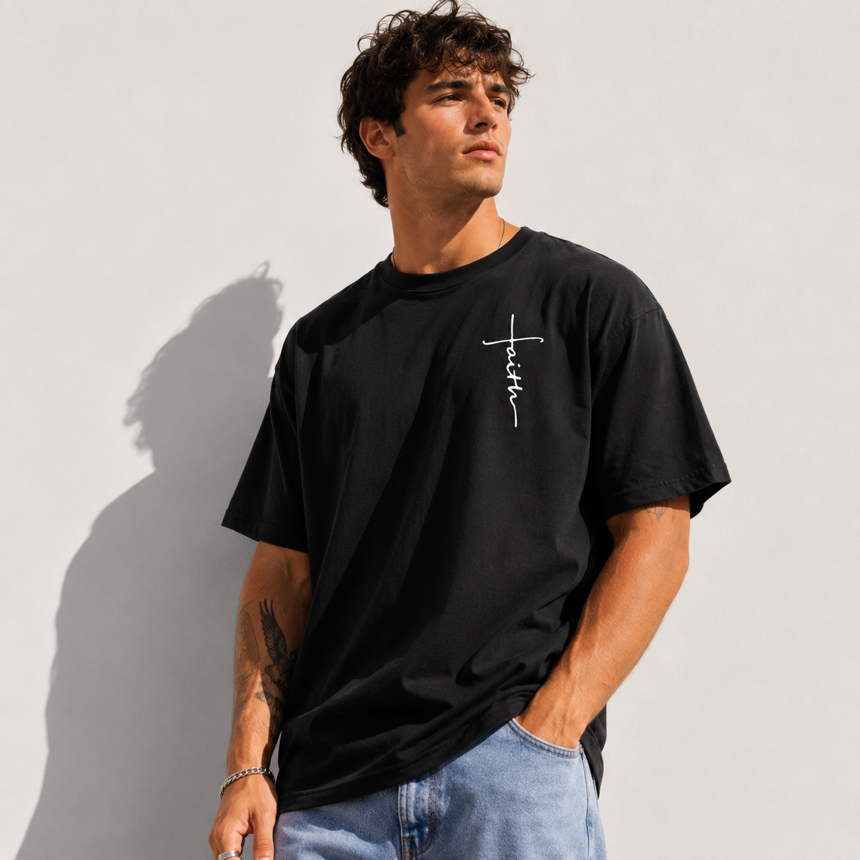 Faith Cross Graphic T-Shirt Men's Christian Crew Neck Casual Tee Top
