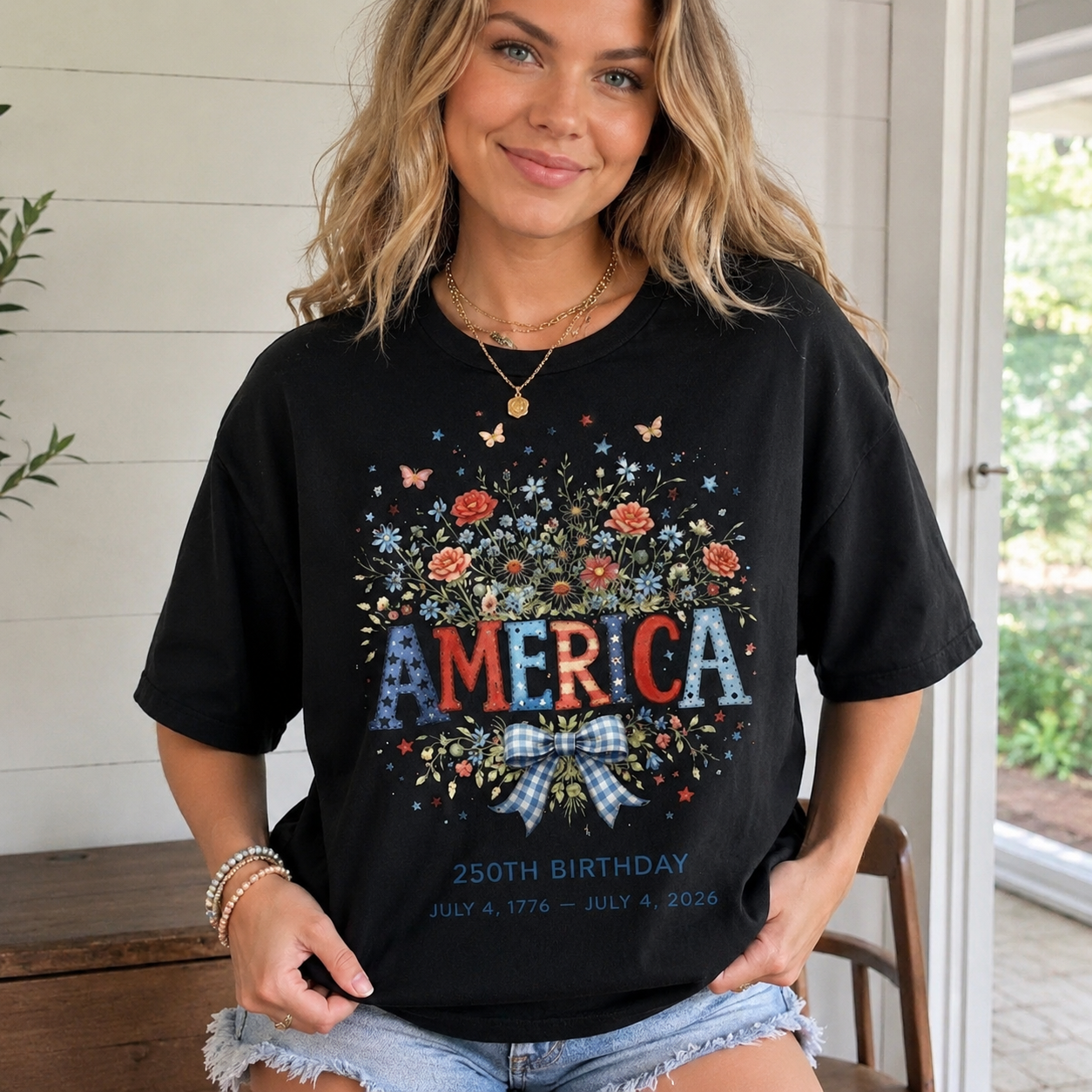 Women's USA 250th Birthday 1776–2026 Floral Butterfly Patriotic T-Shirt