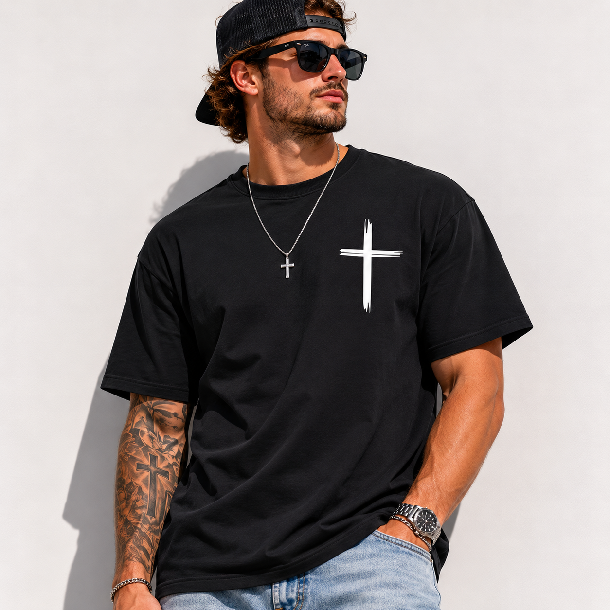 Christian Cross T-Shirt Men's Faith Religious Graphic Casual Tee Top