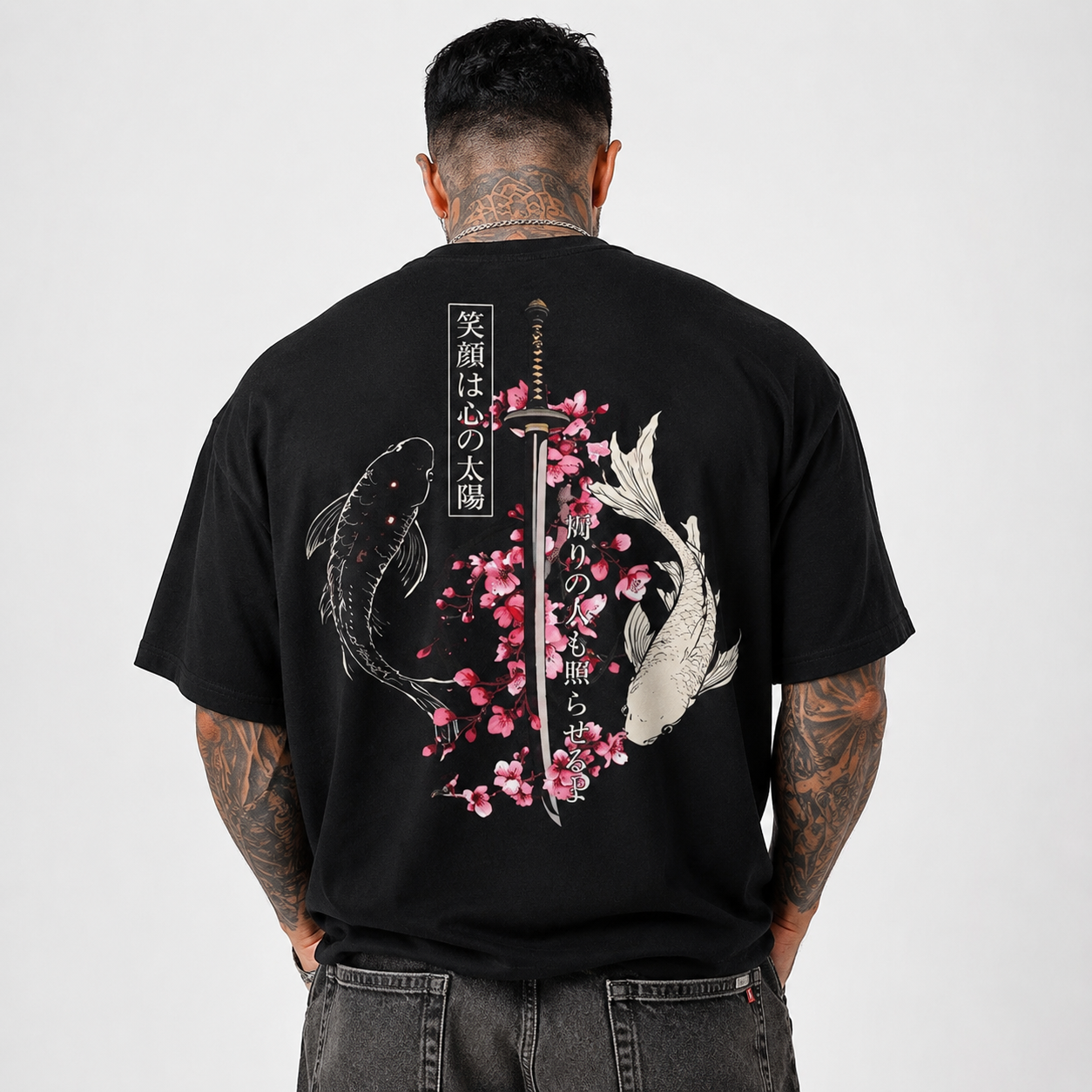 Japanese Koi Fish Samurai Sword T-Shirt Sakura Cherry Blossom Graphic Tee