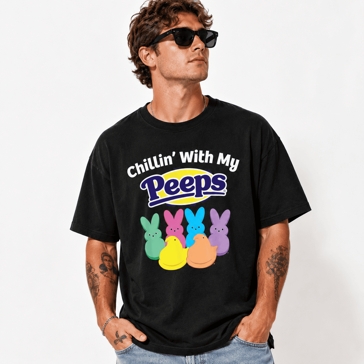 Chillin With My Peeps Funny Easter Bunny Graphic T-Shirt Spring Holiday Tee
