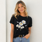 Women Daisy Floral Graphic T-Shirt Summer Flower Casual Crew Neck Tee Top