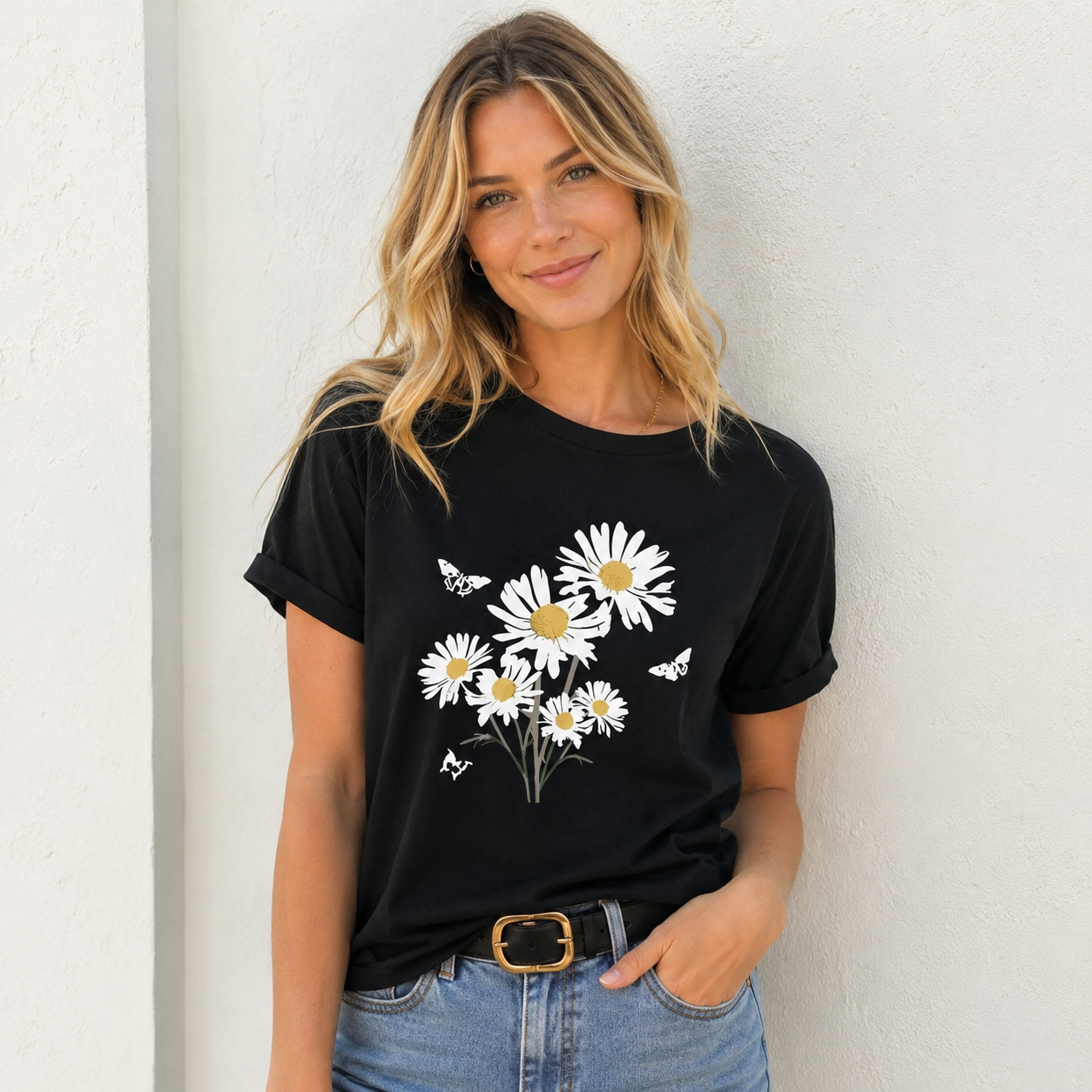 Women Daisy Floral Graphic T-Shirt Summer Flower Casual Crew Neck Tee Top