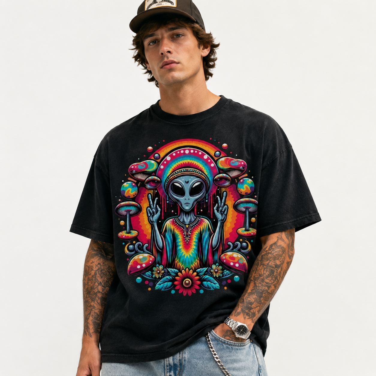 Tie Dye Alien Peace Sign Graphic T-Shirt Boho Hippie Space Vibes Tee