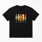 Casual Crew Neck T-Shirt in Black with Vibrant Surfboard And Palm Tree Designs
