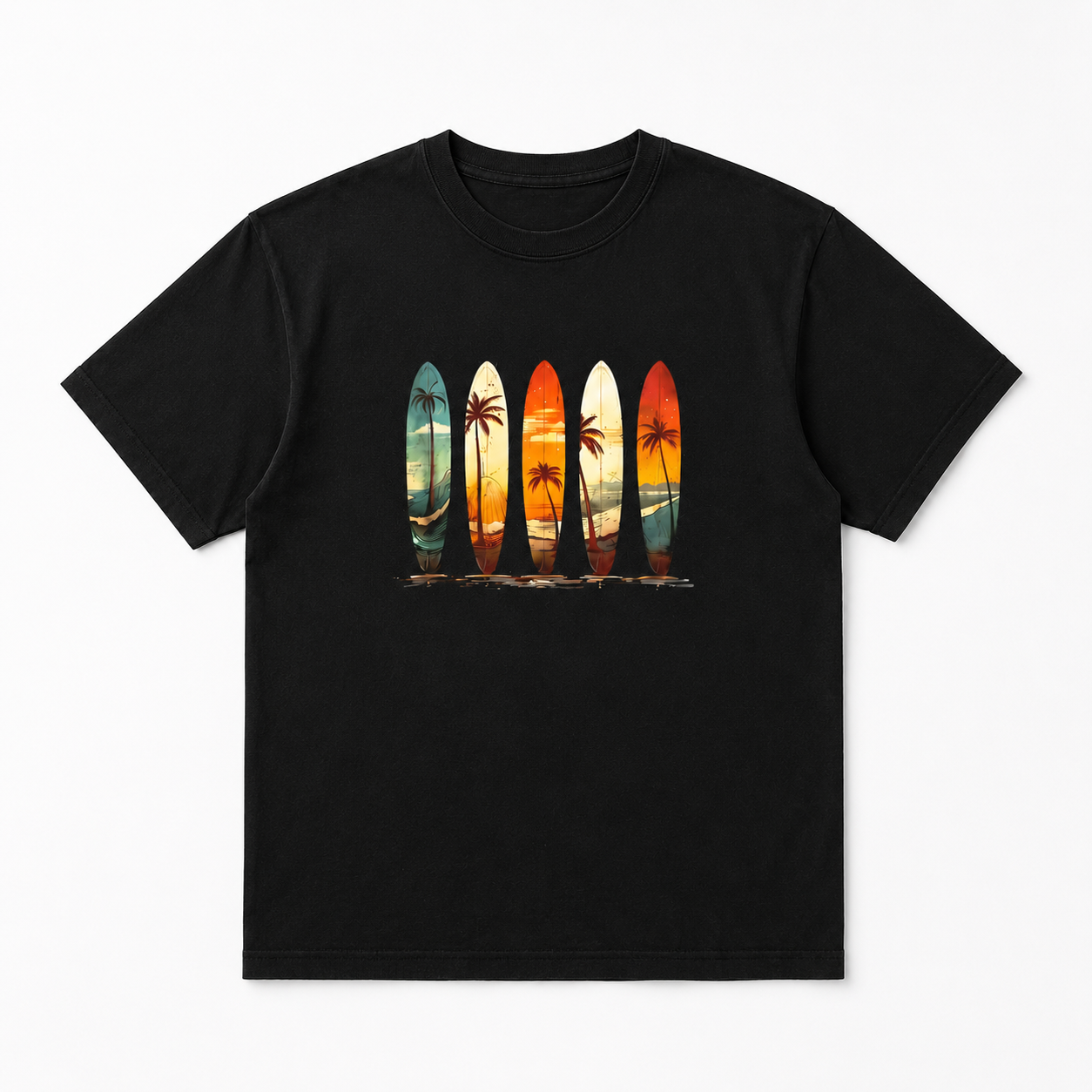 Casual Crew Neck T-Shirt in Black with Vibrant Surfboard And Palm Tree Designs