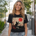 Women's Japanese Cat Mount Fuji Graphic T-Shirt Cute Casual Summer Tee Top