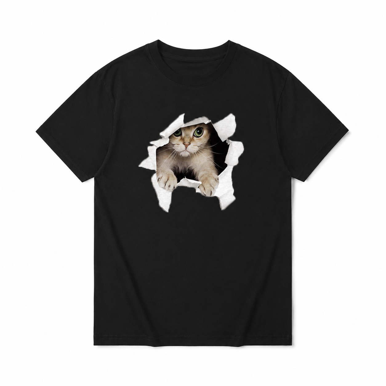 Cute Cat Graphic Tee Kitten Peek Hole Funny T-Shirt Casual Cotton Shirt