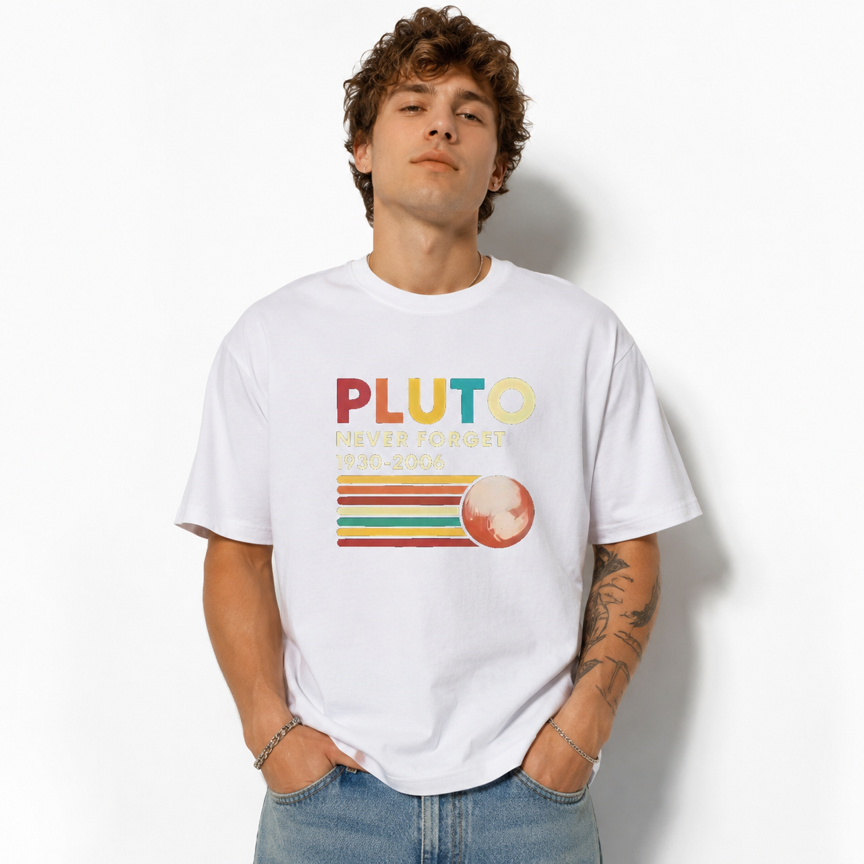 Men's Pluto Never Forget Graphic T-Shirt Funny Space Retro Planet Tee
