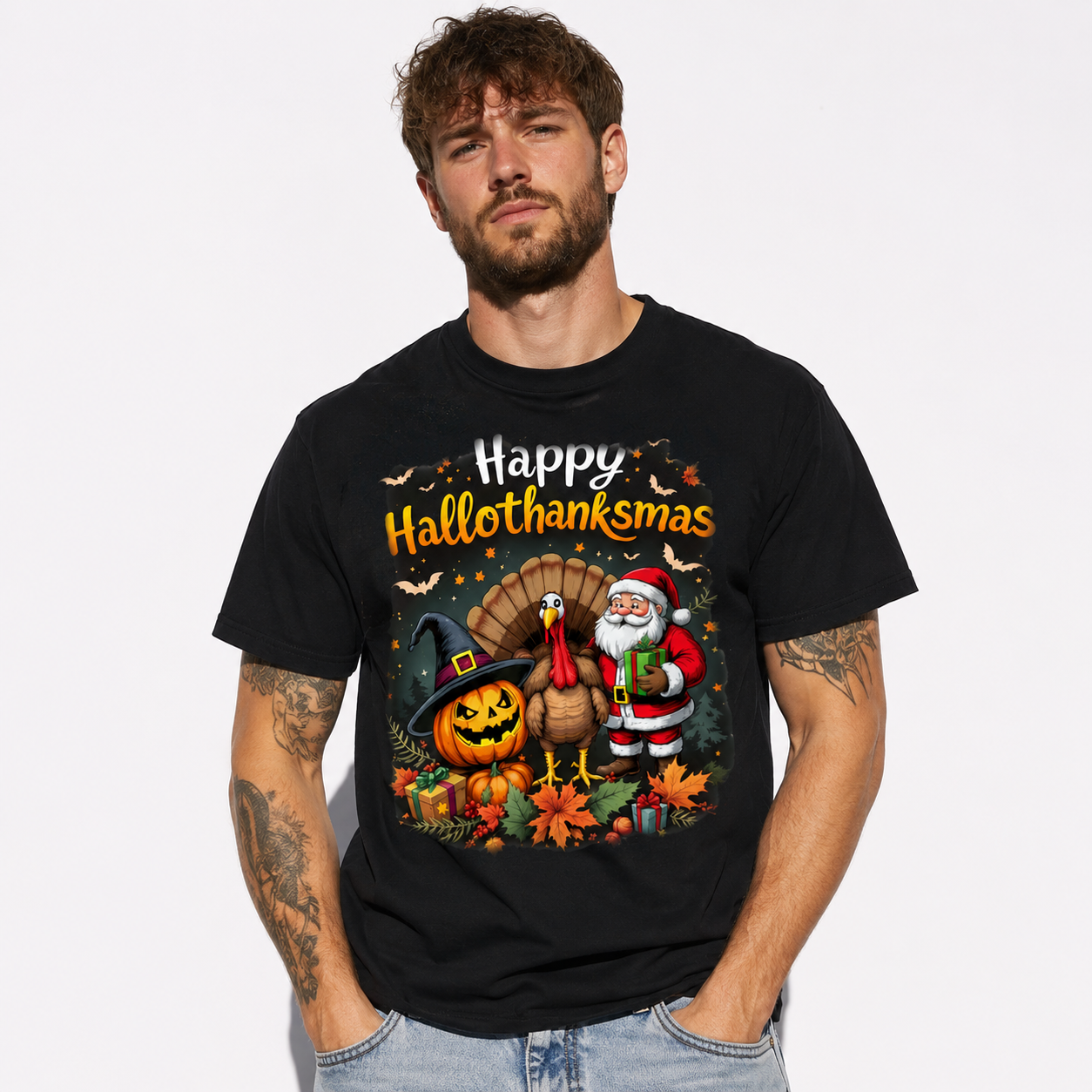 Happy Hallothanksmas Halloween Thanksgiving Christmas Graphic Men's T-Shirt