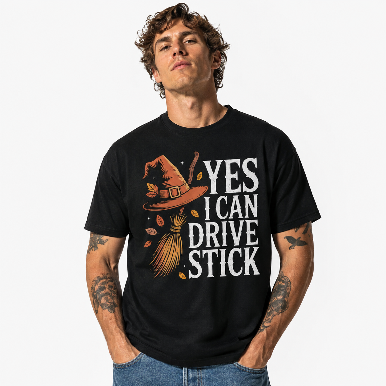 Yes I Can Drive Stick Funny Witch Broom Halloween Graphic Men's T-Shirt