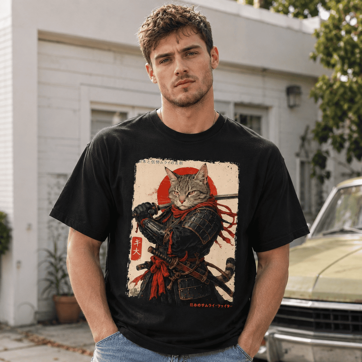 Samurai Cat Warrior Graphic T-Shirt Japanese Ukiyo Ink Art Tee