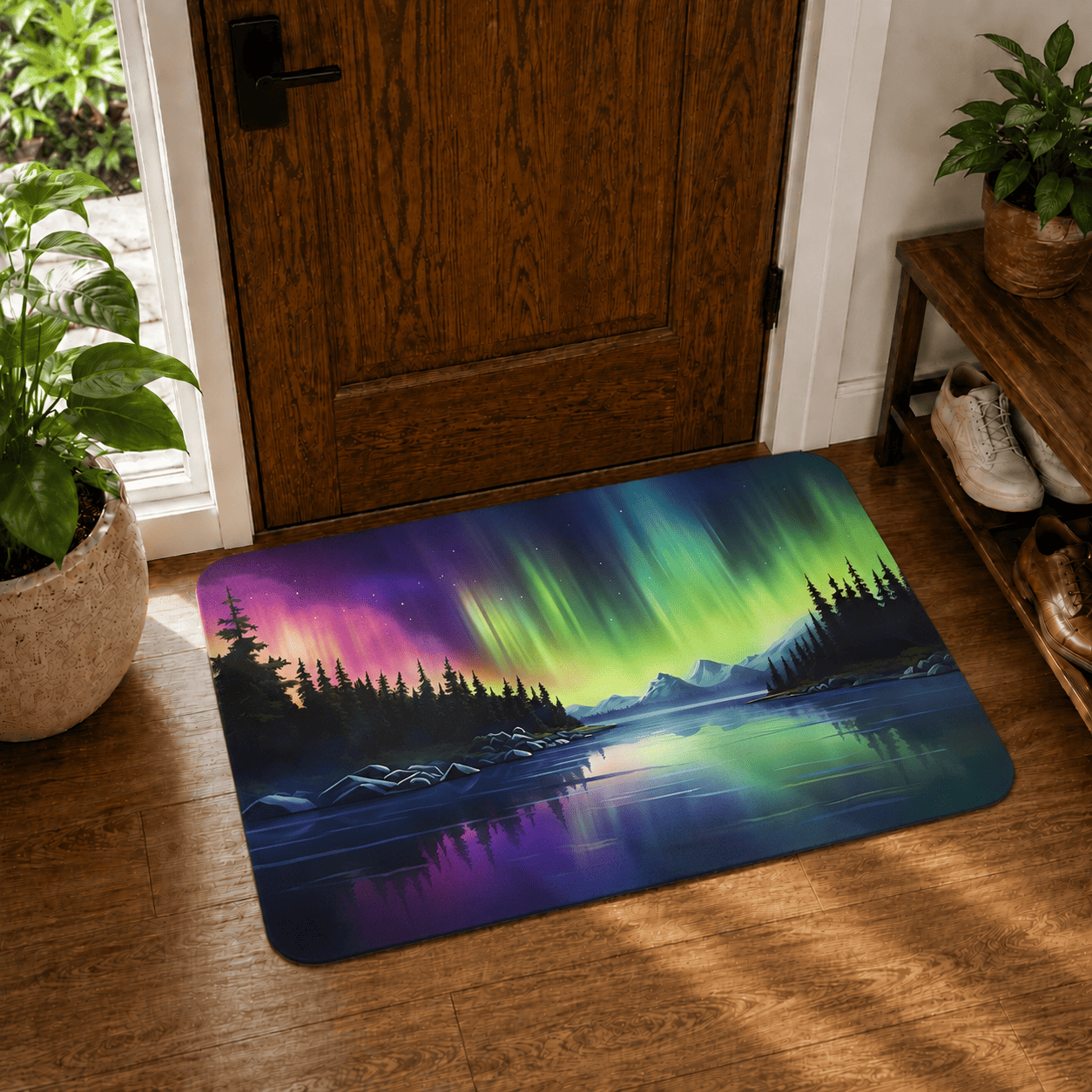 Northern Lights Mountain Lake Door Mat Quick Dry Super Absorbent Non Slip