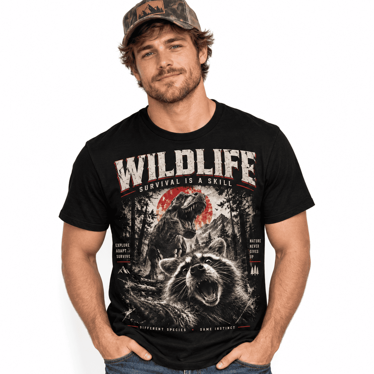 Raccoon Selfie T-Rex Dinosaur Forest Funny Meme Men's T-Shirt