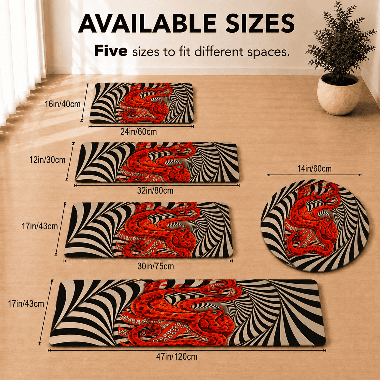 Black and White Optical Illusıon Red Octopus Unique Design Non-Slip Livingroom Carpet, Psychedelic Bedroom Rug, Moder Bathroom Decoration