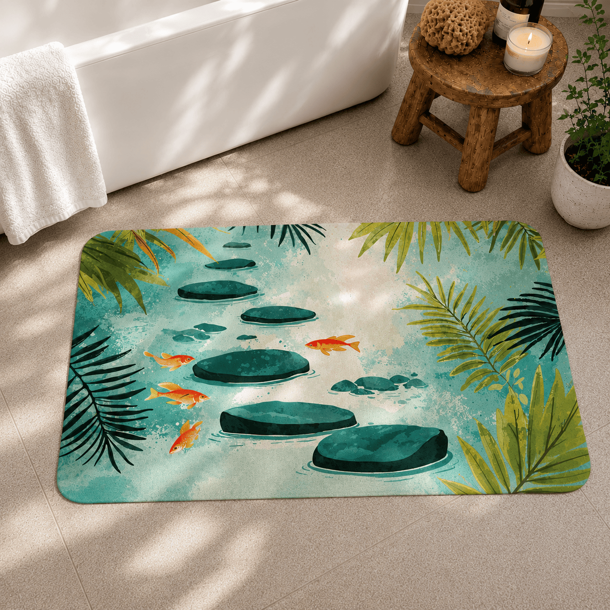 Japanese Full Moon Bamboo Bath Mat Quick Dry Super Absorbent Non Slip