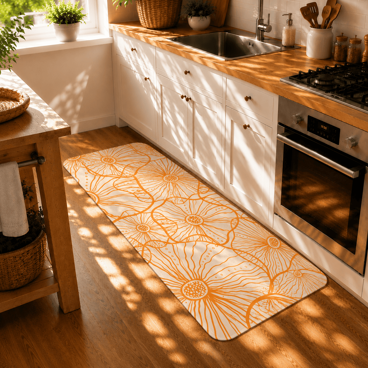 Orange Floral Summer Floor Mat Quick Dry Super Absorbent Non Slip Scandi Decor