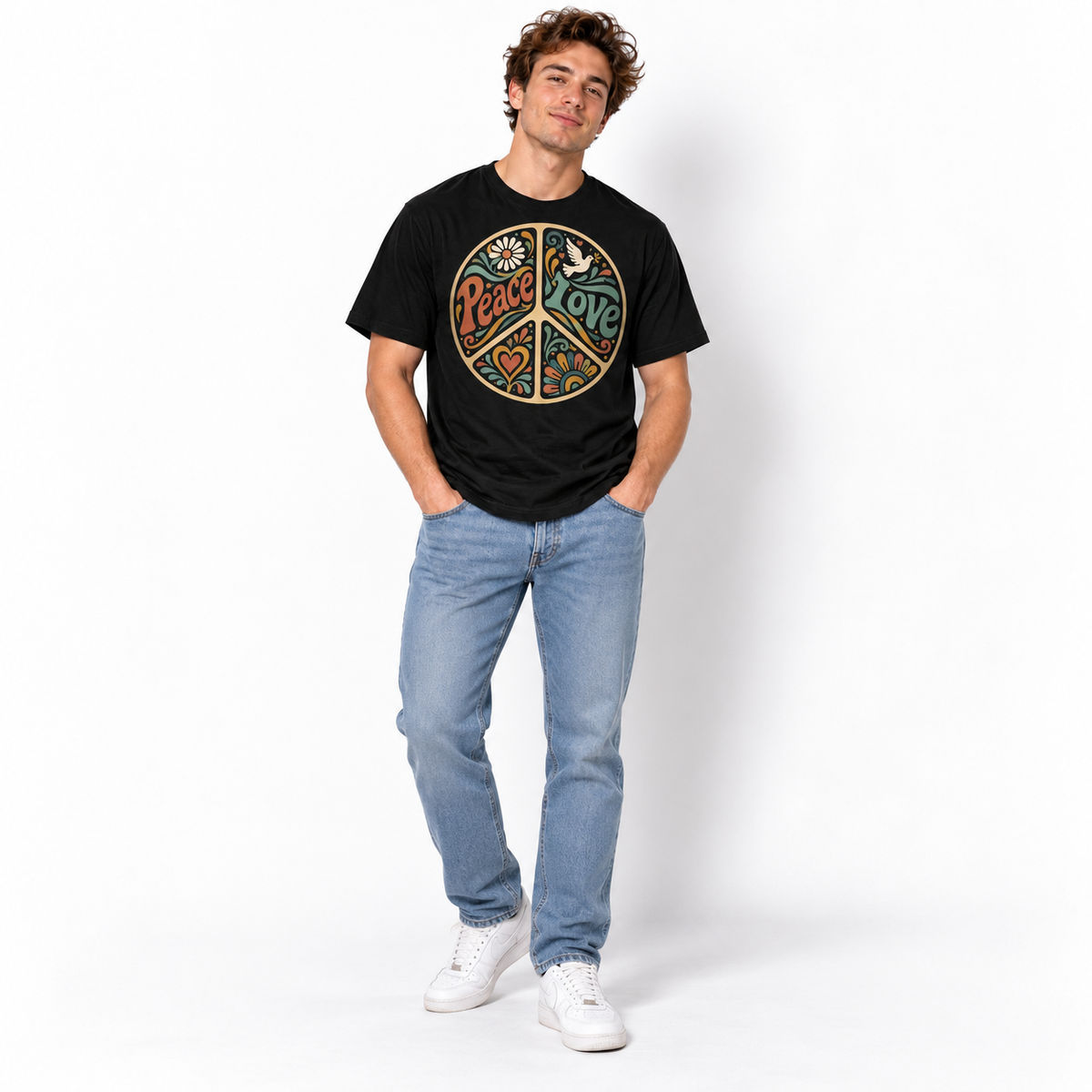Peace Love Retro Hippie Dove Floral Men's Graphic T-Shirt