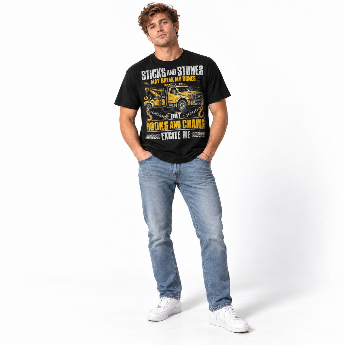 Hooks and Chains Excite Me Tow Truck Driver Funny Graphic Men's T-Shirt
