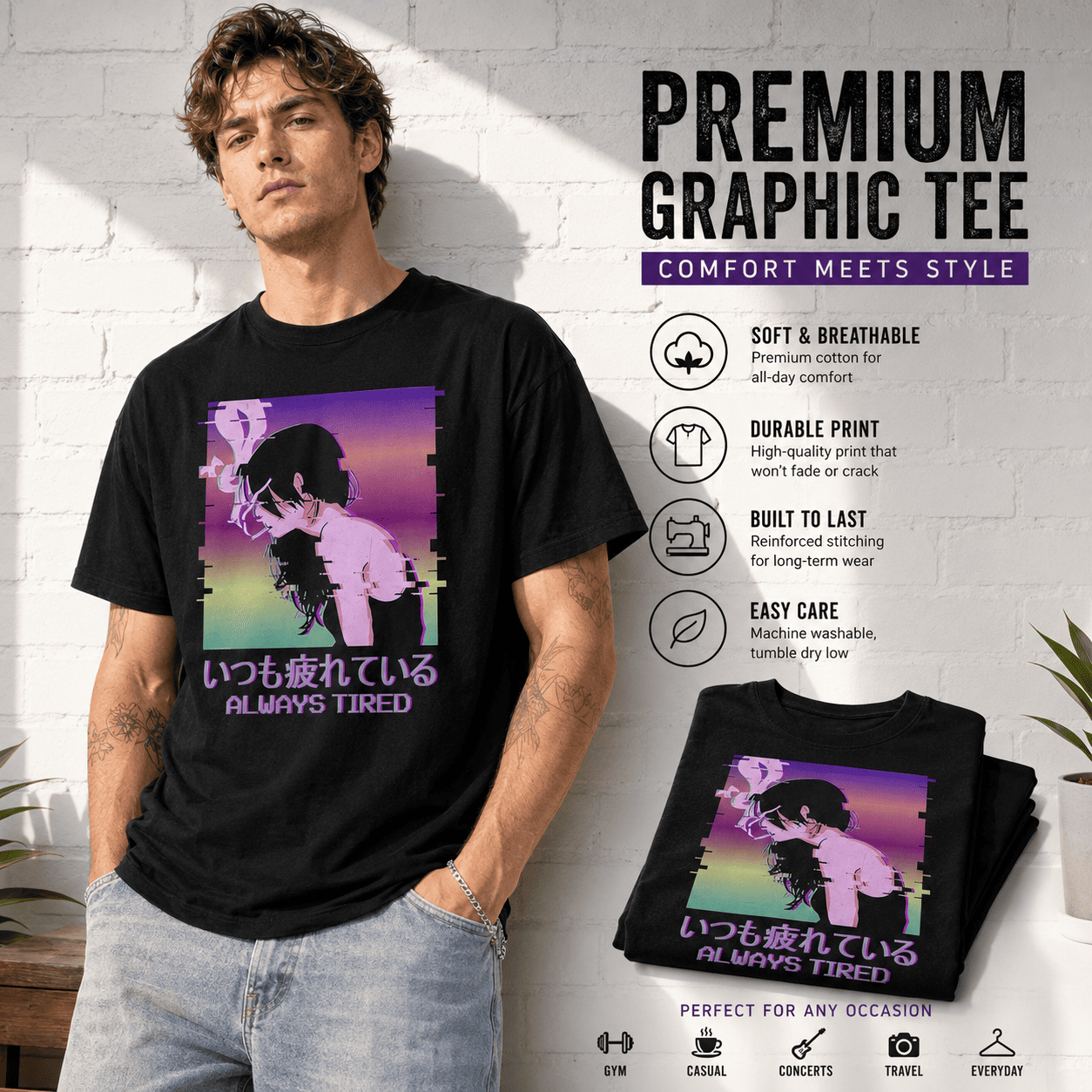Always Tired Anime Aesthetic Graphic T-Shirt Vaporwave Japanese Tee for Men