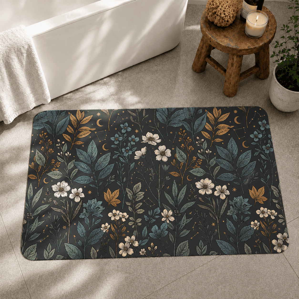 Witchy Botanical Bath Rug Quick Dry Super Absorbent Non Slip Celestial Floral