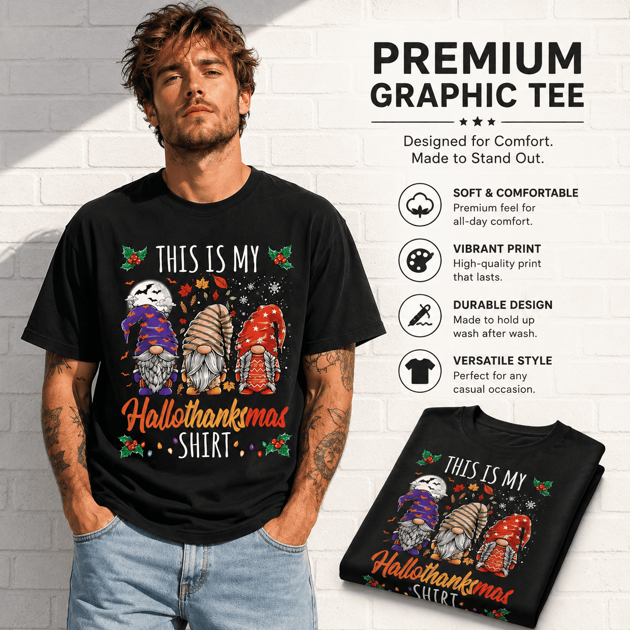 Hallothanksmas Gnomes Halloween Thanksgiving Christmas Men's T-Shirt