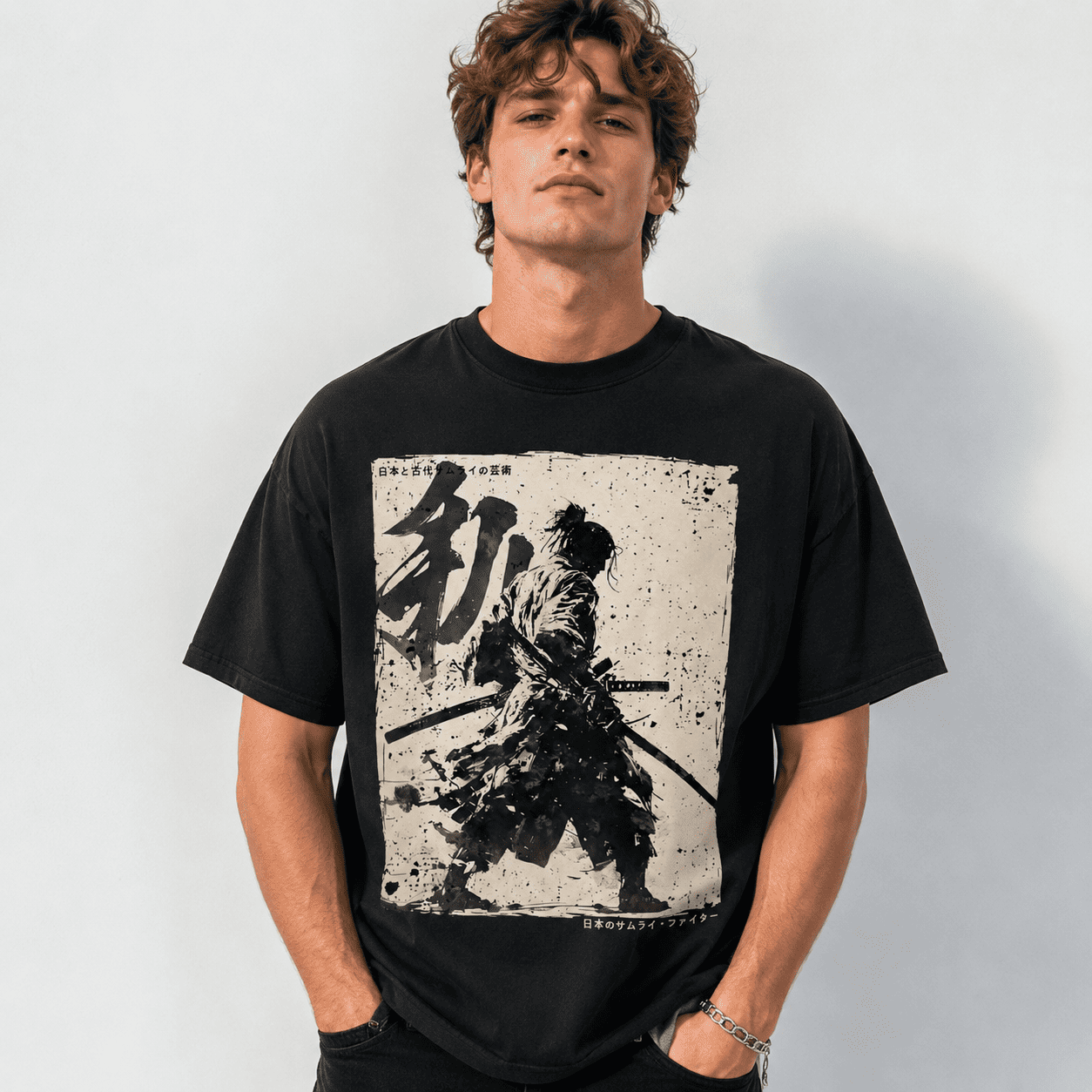 Samurai Warrior Sword Graphic T-Shirt Japanese Calligraphy Streetwear Tee