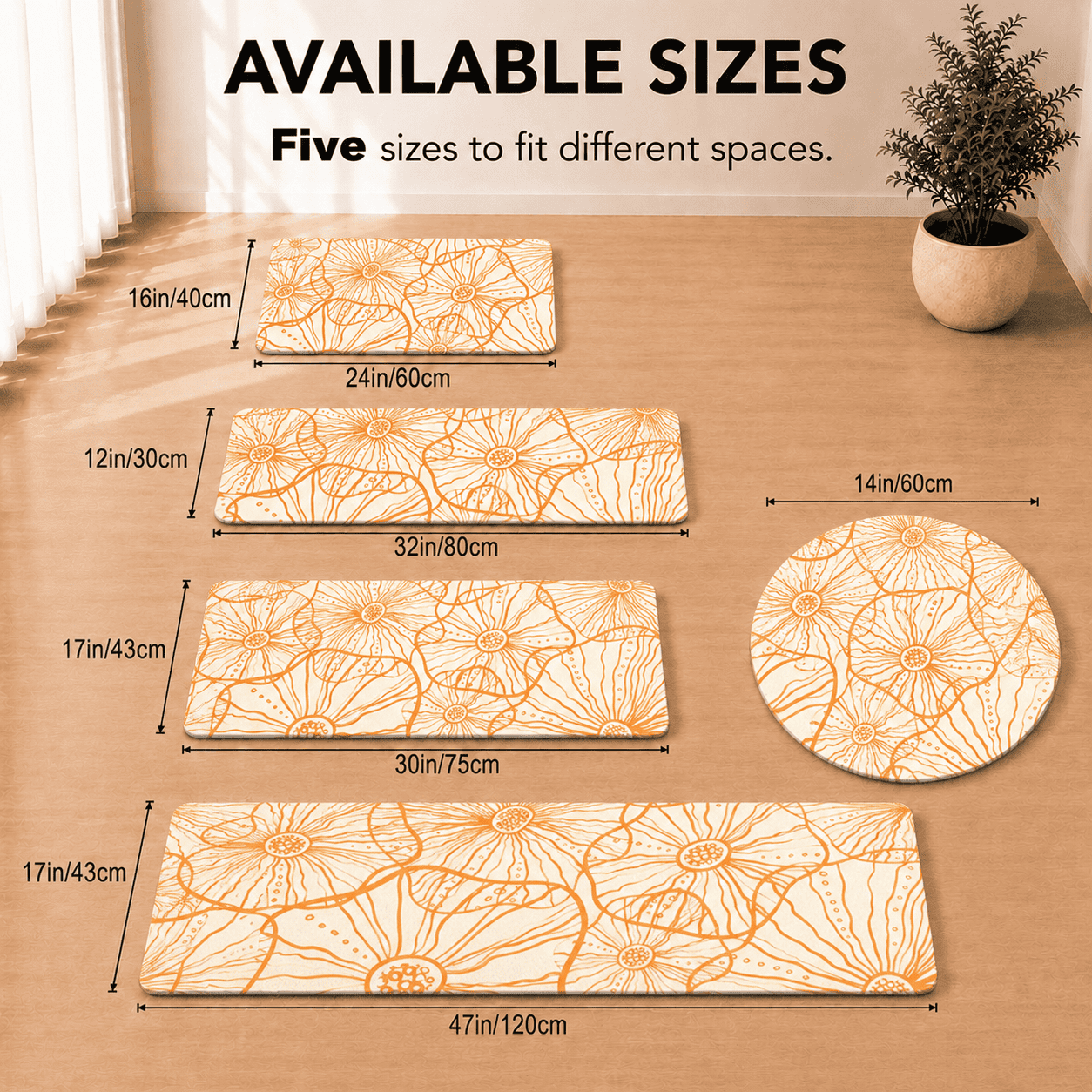Orange Floral Summer Floor Mat Quick Dry Super Absorbent Non Slip Scandi Decor