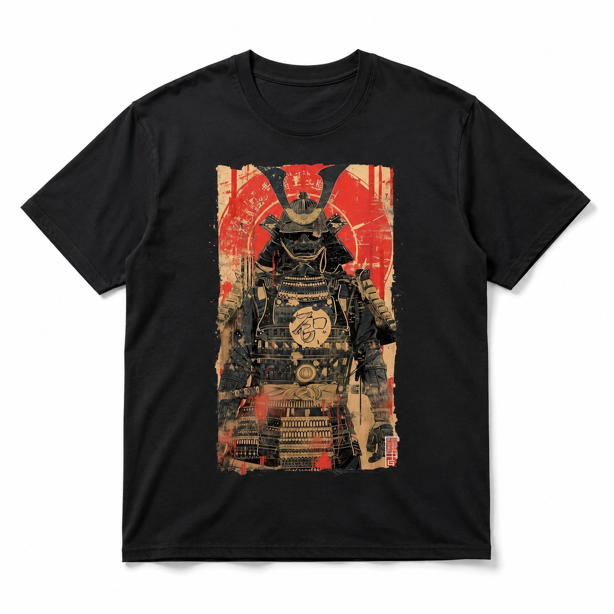 Vintage Japanese Samurai Graphic T-Shirt Black Gold Warrior Retro Tee