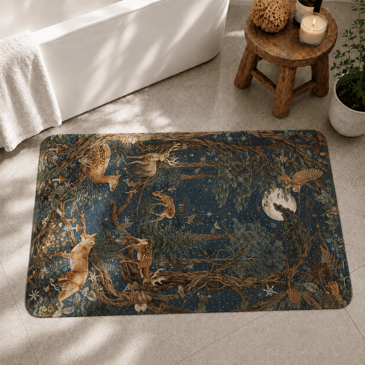William Morris Woodland Bath Rug Quick Dry Super Absorbent Non Slip Forest Animals