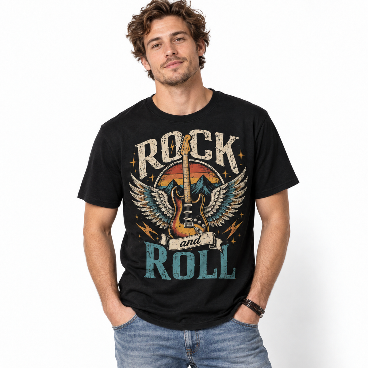 Rock and Roll Winged Electric Guitar Retro Music Graphic Men's T-Shirt