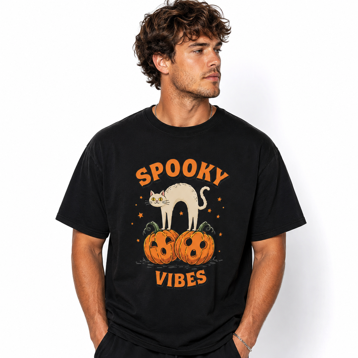 Spooky Vibes Cat Pumpkin Halloween Cute Funny Graphic Men's T-Shirt