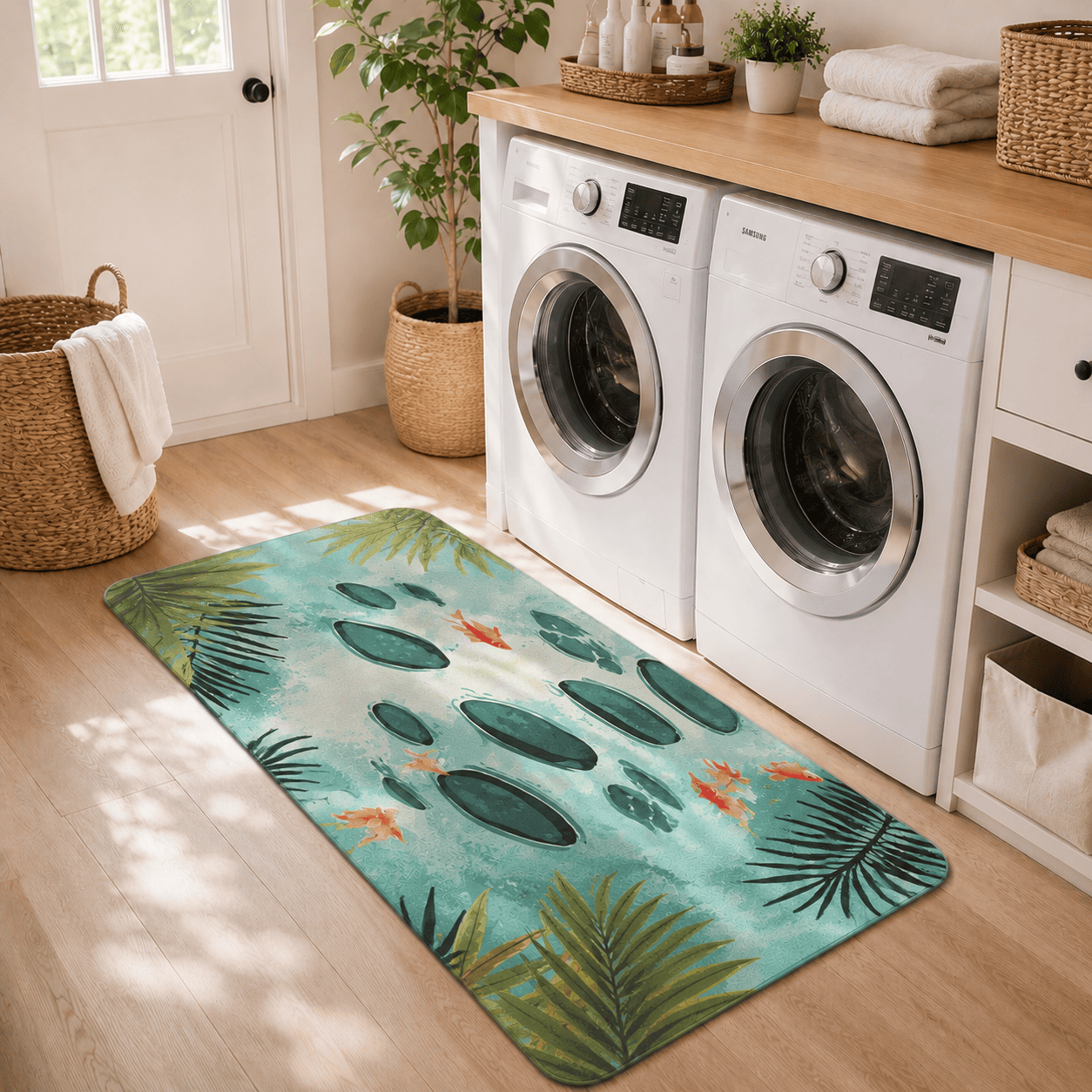 Koi Pond Laundry Room Mat Quick Dry Super Absorbent Non Slip Japanese Garden