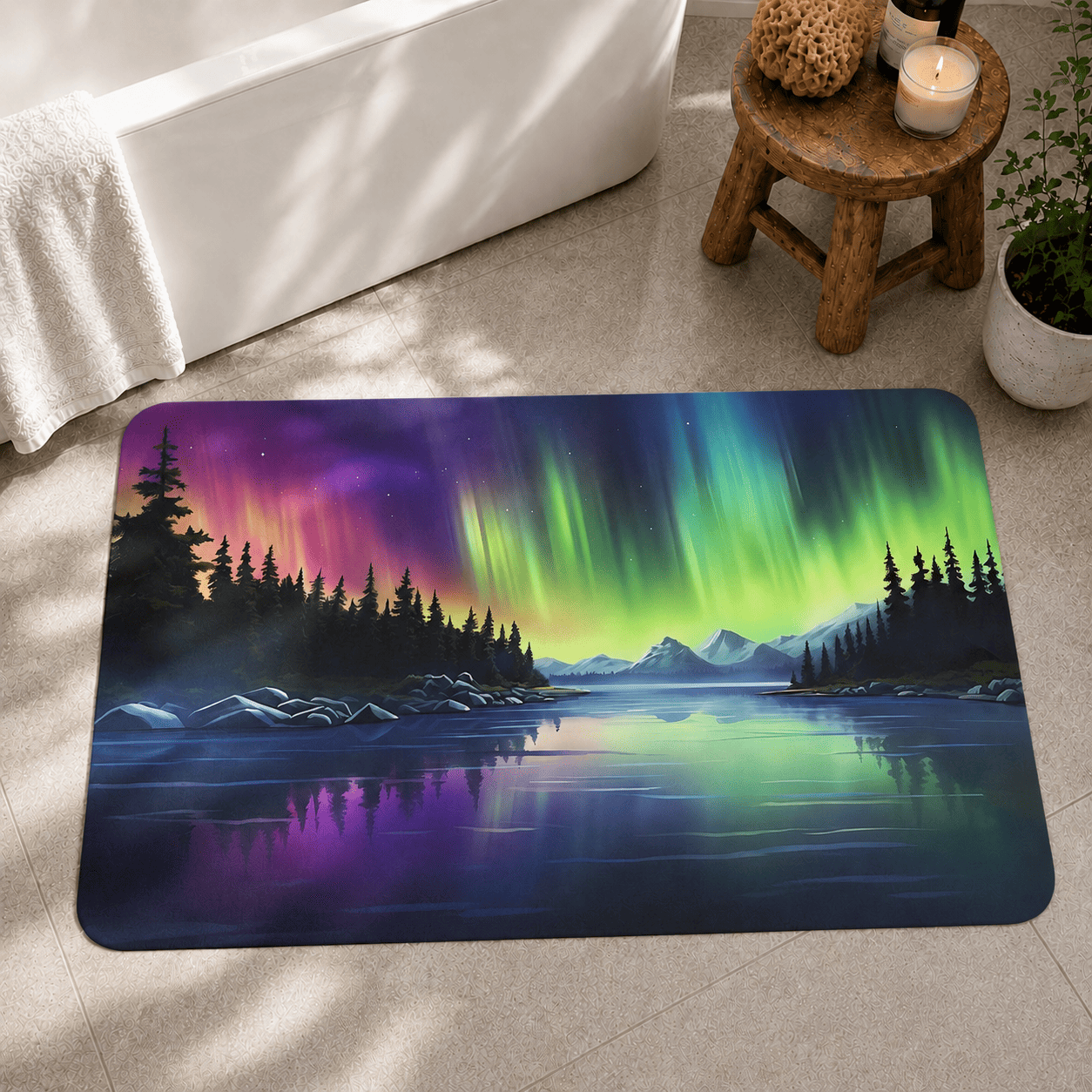 Northern Lights Mountain Lake Door Mat Quick Dry Super Absorbent Non Slip